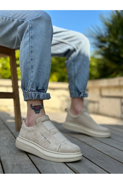 BA0307 BOA Kalın Süet Yüksek Taban Çift Bant Bej Erkek Ayakkabı - Resim 5