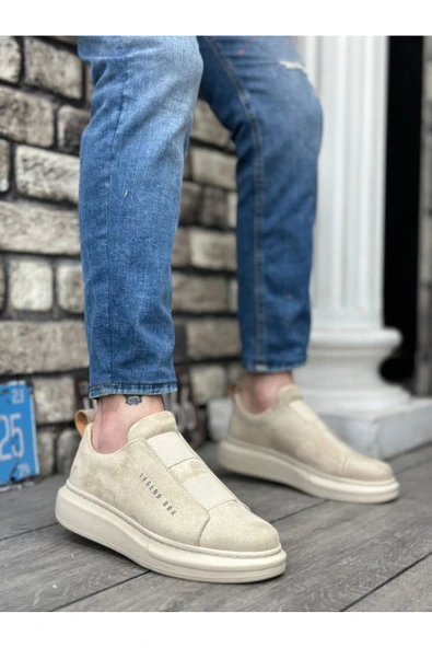 BA0307 BOA Kalın Süet Yüksek Taban Çift Bant Bej Erkek Ayakkabı - Resim 3