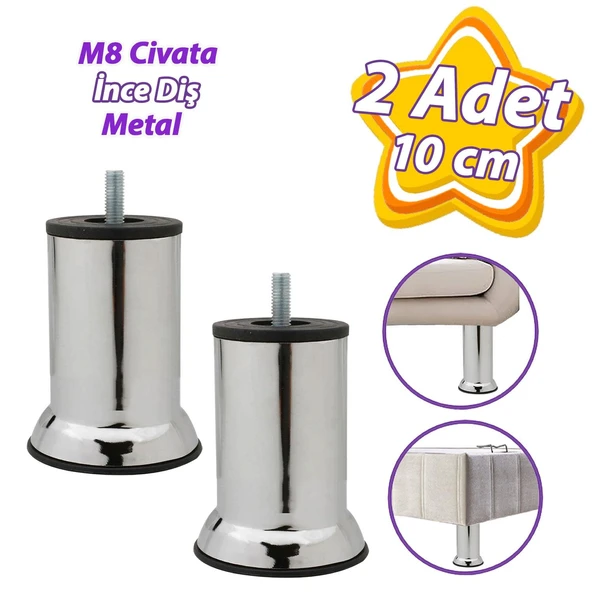 2 Adet Metal Destek Ayağı 10 Cm Krom Mobilya Kanepe Baza Koltuk Ünite Ayakları Metrik 8 Civatalı İnce Diş ürün görseli 1