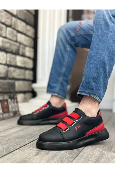 BA0329 3 Bant Siyah Kırmızı Detaylı Kalın Taban Casual Erkek Ayakkabı - Resim 2