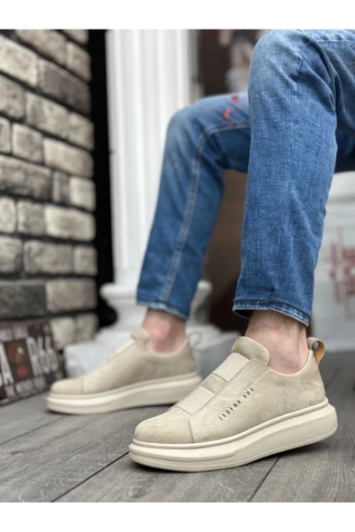 BA0307 BOA Kalın Süet Yüksek Taban Çift Bant Bej Erkek Ayakkabı - Resim 2