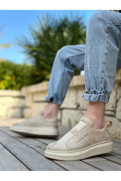 BA0307 BOA Kalın Süet Yüksek Taban Çift Bant Bej Erkek Ayakkabı ürün görseli 1