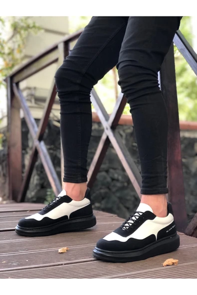 Ba0238 Boa Yüksek Taban Beyaz Siyah Bağcıklı Erkek Ayakkabı ürün görseli 1