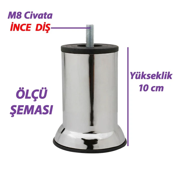 2 Adet Metal Destek Ayağı 10 Cm Krom Mobilya Kanepe Baza Koltuk Ünite Ayakları Metrik 8 Civatalı İnce Diş - Resim 3