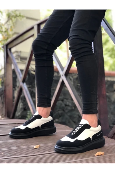 Ba0238 Boa Yüksek Taban Siyah Beyaz Bağcıklı Erkek Ayakkabı