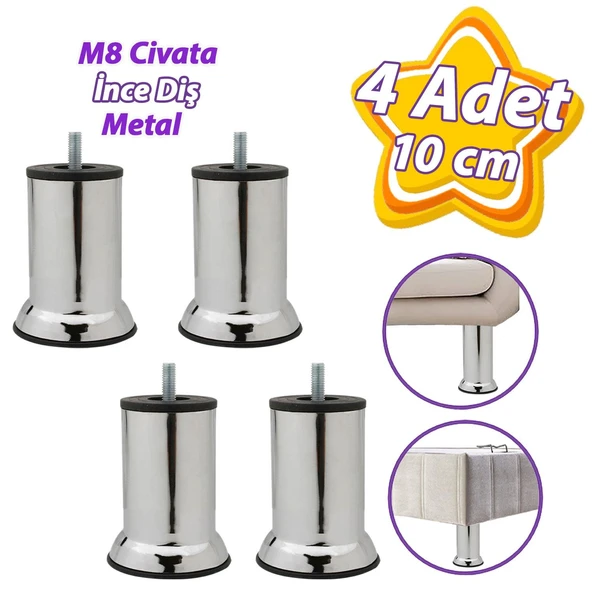 4 Adet Metal Destek Ayağı 10 Cm Krom Mobilya Kanepe Baza Koltuk Ünite Ayakları Metrik 8 Civatalı İnce Diş