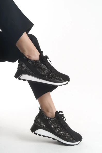 ALYA Bağcıklı Ortopedik Taban Taşlı Kadın Sneaker Spor Ayakkabı BT - Siyah - 2