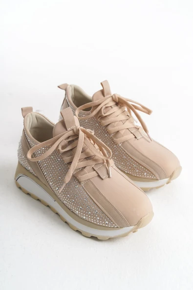 ALYA Bağcıklı Ortopedik Taban Taşlı Kadın Sneaker Spor Ayakkabı BT - Krem - 4