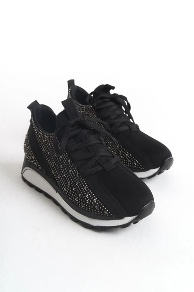 ALYA Bağcıklı Ortopedik Taban Taşlı Kadın Sneaker Spor Ayakkabı BT - Siyah - 4