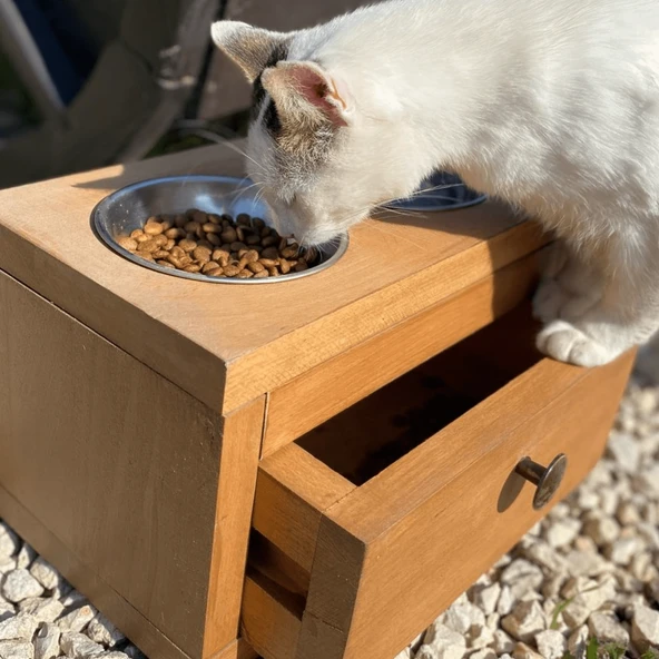 Masif Ahşaptan Kedi Mama ve Su Kabı (Çekmeceli Tasarım) - 2