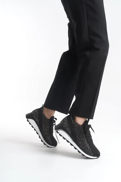 ALYA Bağcıklı Ortopedik Taban Taşlı Kadın Sneaker Spor Ayakkabı BT - Siyah - 3