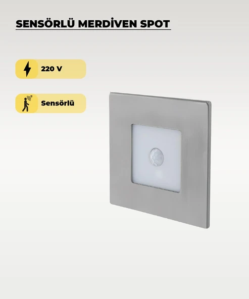 3W Krom Kare Sensörlü Sıva Altı Merdiven Spot 3200K (Sarı Işık)