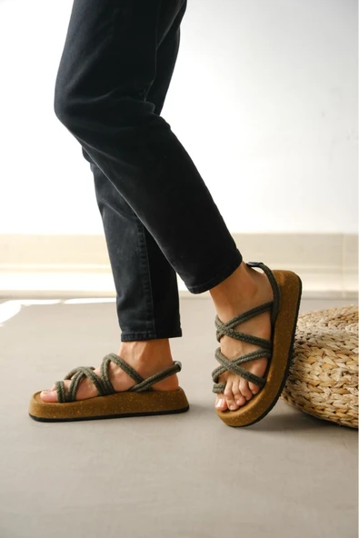 BA0343 Erkek Bodrum İp Halat Haki Günlük Sandalet - 2