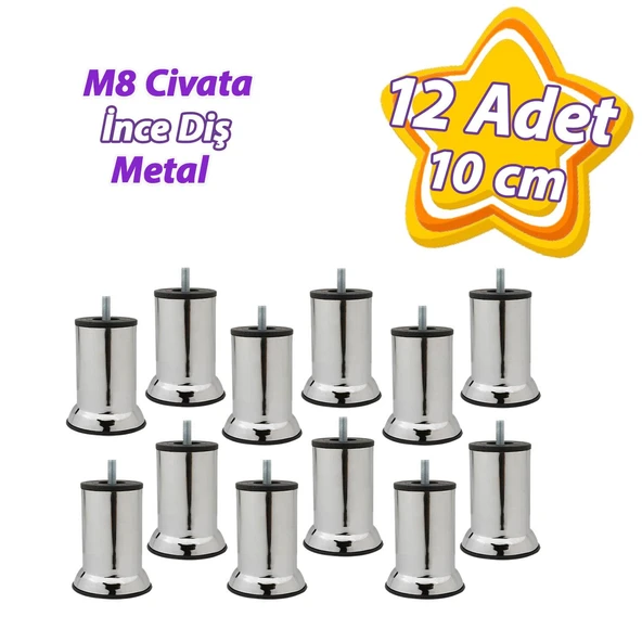 12 Adet Metal Destek Ayağı 10 Cm Krom Mobilya Kanepe Baza Koltuk Ünite Ayakları Metrik 8 Civatalı İnce Diş ürün görseli