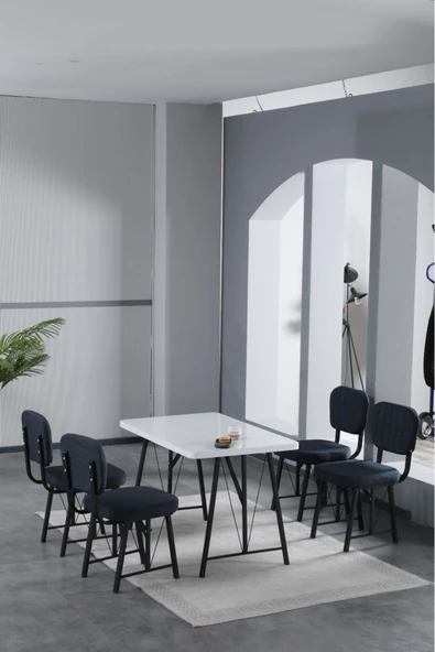 Hayat 70x110cm Sabit Beyaz Mutfak Masası, Mutfak Masası Takımı, Yemek Masası, 4 Lacivert Sandalye