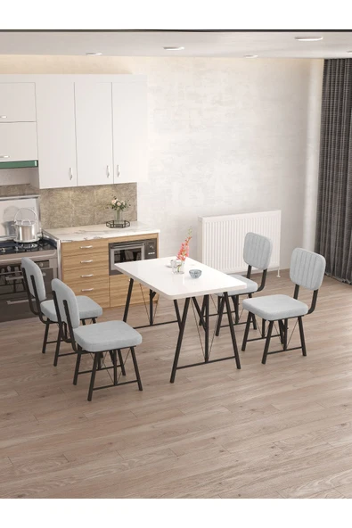 Hayat 70x110cm Sabit Beyaz Mutfak Masası, Mutfak Masası Takımı, Yemek Masası, 4 Açık Gri Sandalye - 3