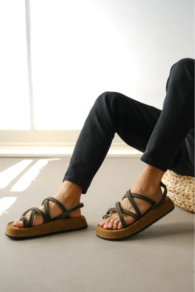 BA0343 Erkek Bodrum İp Halat Haki Günlük Sandalet - 4