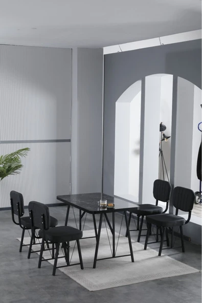 Hayat 70x110cm Sabit Bendir Mutfak Masası, Mutfak Masası Takımı, Yemek Masası, 4 Antrasit Sandalye