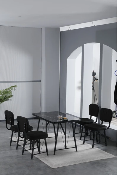 Hayat 70x110cm Sabit Bendir Mutfak Masası, Mutfak Masası Takımı, Yemek Masası, 4 Siyah Sandalye