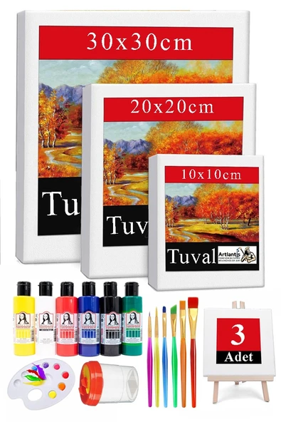 Kare Tuval 3 Adet 10x10 20x20 30x30 cm Boş Tuval Tablo 6 lı Akrilik Boya Fırça Palet Resim Tuvali Akrilik Yağlı Boya