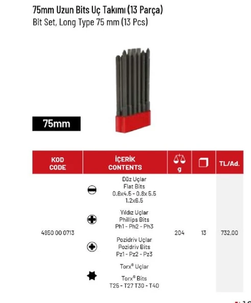 İZELTAŞ Uzun Bits Takımı,13'lü Anahtar Takımı,75 Mm