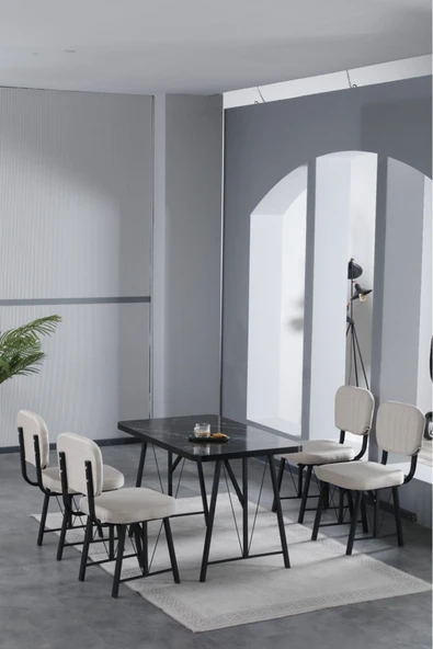 Hayat 70x110cm Sabit Bendir Mutfak Masası, Mutfak Masası Takımı, Yemek Masası, 4 Krem Sandalye