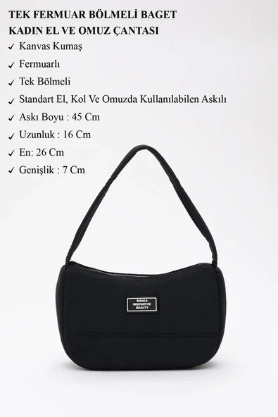 Shaka Siyah U11 Kanvas Kumaş, Tek Bölmeli ,fermuarlı, Askılı Baget Model El, Kol Ve Omuz Çantası - Resim 3