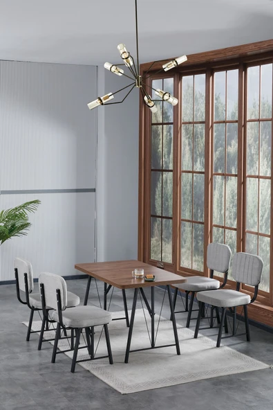 Hayat 70x110cm Sabit Amalfi Mutfak Masası, Mutfak Masası Takımı, Yemek Masası, 4 Açık Gri Sandalye