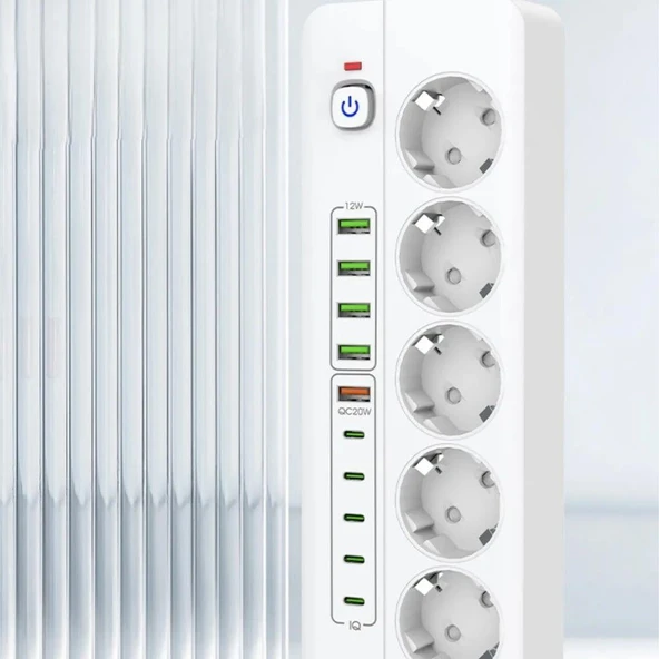 4 USB + 5 Type-C Girişli 5'li Priz Akım Korumalı Anahtarlı Çoklu Priz Uzatma Kablosu - 3