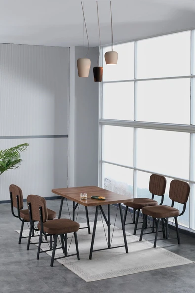 Hayat 70x110cm Sabit Amalfi Mutfak Masası, Mutfak Masası Takımı, Yemek Masası, 4 Kahverengi Sandalye