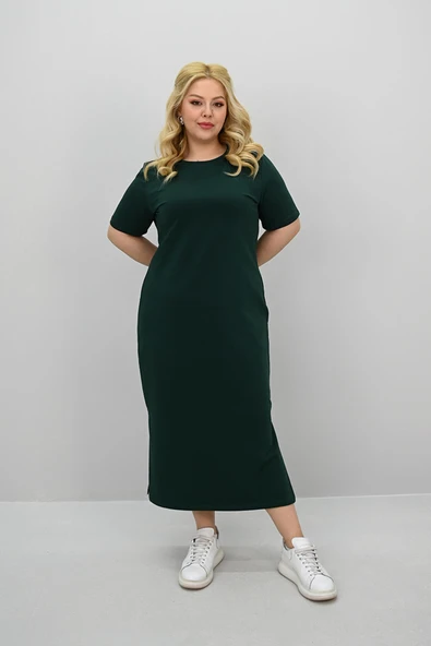Kadın Büyük Beden Kısa Kollu Yırtmaç Detaylı Basic Elbise 5309-25