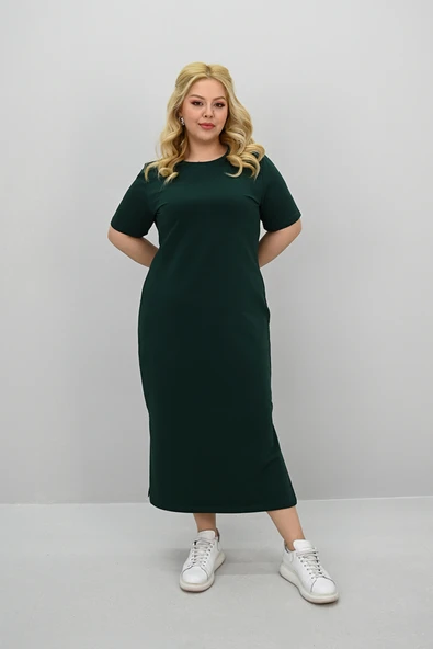 Kadın Büyük Beden Kısa Kollu Yırtmaç Detaylı Basic Elbise 5309-25 - 2