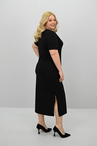 Kadın Büyük Beden Kısa Kollu Yırtmaç Detaylı Basic Elbise 5309-25 - 8