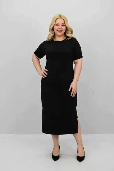 Kadın Büyük Beden Kısa Kollu Yırtmaç Detaylı Basic Elbise 5309-25 - 3