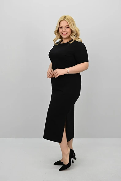 Kadın Büyük Beden Kısa Kollu Yırtmaç Detaylı Basic Elbise 5309-25 - 5