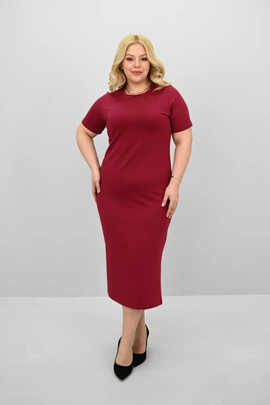 Kadın Büyük Beden Kısa Kollu Yırtmaç Detaylı Basic Elbise 5309-25 - 10