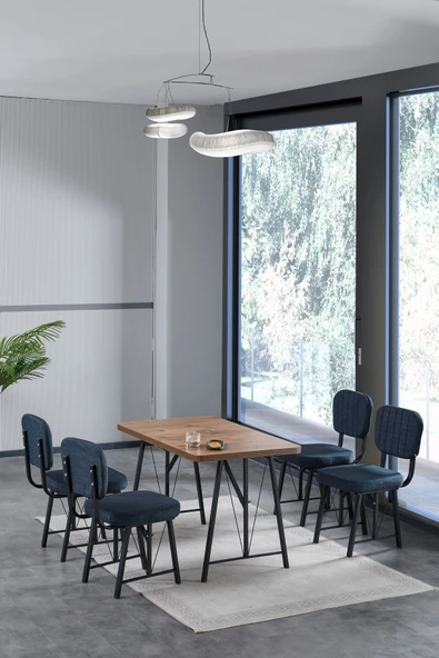 Hayat 70x110cm Sabit Atlantik Mutfak Masası, Mutfak Masası Takımı, Yemek Masası, 4 Lacivert Sandalye