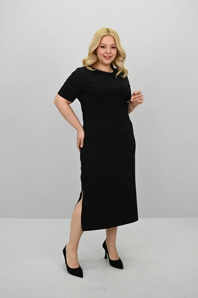 Kadın Büyük Beden Kısa Kollu Yırtmaç Detaylı Basic Elbise 5309-25 - 7