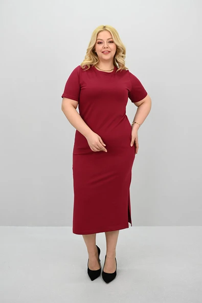 Kadın Büyük Beden Kısa Kollu Yırtmaç Detaylı Basic Elbise 5309-25 - 10