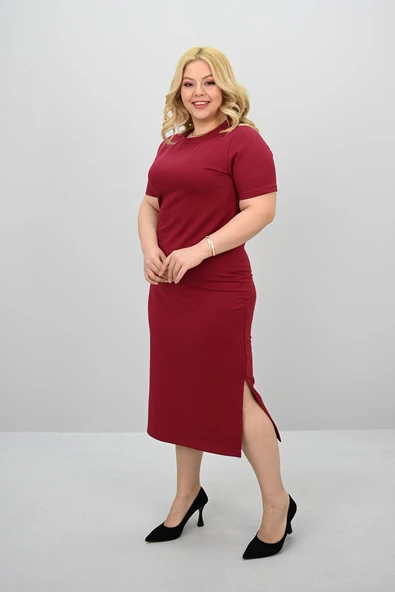 Kadın Büyük Beden Kısa Kollu Yırtmaç Detaylı Basic Elbise 5309-25 - 11