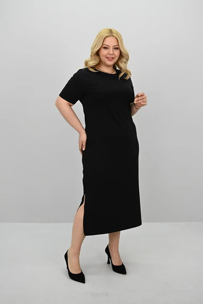 Kadın Büyük Beden Kısa Kollu Yırtmaç Detaylı Basic Elbise 5309-25 - 6