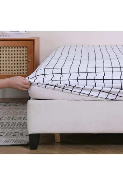 Çift Kişilik Lastikli Çarşaf + 2 Adet Yastık Kılıfı Ekose Kareli 160x200