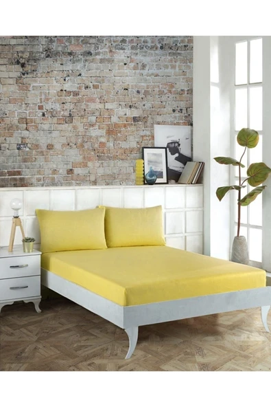 Çift Kişilik Lastikli Çarşaf 2 Adet Yastık Kılıfı 160x200 Sarı