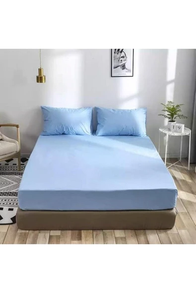 Çift Kişilik Lastikli Çarşaf + 2 Adet Yastık Kılıfı 160x200 Mavi