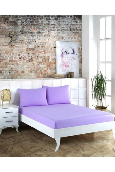 180x200 Çift Kişilik Lastikli Çarşaf 2 Adet Yastık Kılıfı Lila