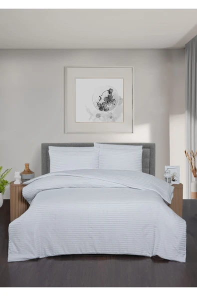 Çizgili Saten Çift Kişilik Yorgan Kılıfı - Otel Nevresimi - 2
