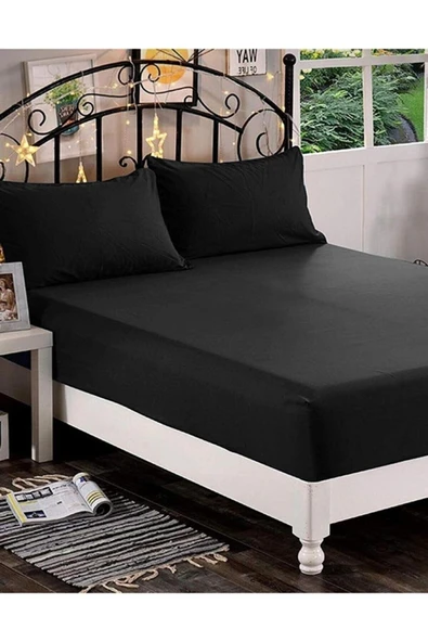 Çift Kişilik Lastikli Çarşaf 2 Adet Yastık Kılıfı 160x200 Siyah