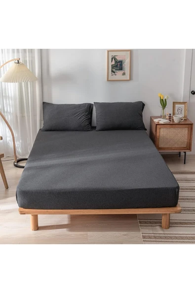 Çift Kişilik Lastikli Çarşaf + 2 Adet Yastık Kılıfı 160x200 Antrasit Koyu Gri