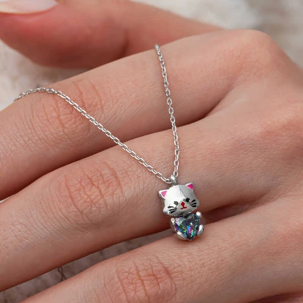 Gümüş Mistik Topaz Taşlı Sevimli Kedi Kolye - 1