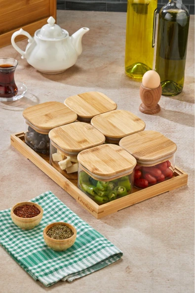 Cooker Borosilikat Camlı 6’lı Bambu Kapaklı, Tepsili Kahvaltı Takımı - Sağlıklı, Şık ve Düzenli Sunum